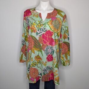 Dolma Green Yellow Pink Floral Garden Cotton Long Sleeve Tunic Top L
